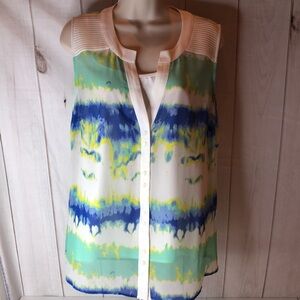 Catherine Malandrino Blue White Yellow Mint Sleeveless Sheer Top w Cami size 8